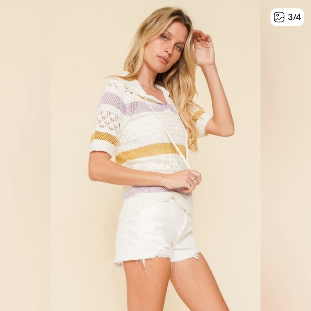 💜 HEM &THREAD Striped Open Crochet Top - Picture 2 of 3